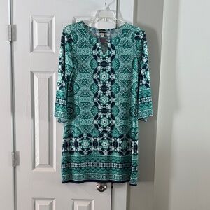 Haani Aqua and Dark Blue Patterned Long Sleeve Dress